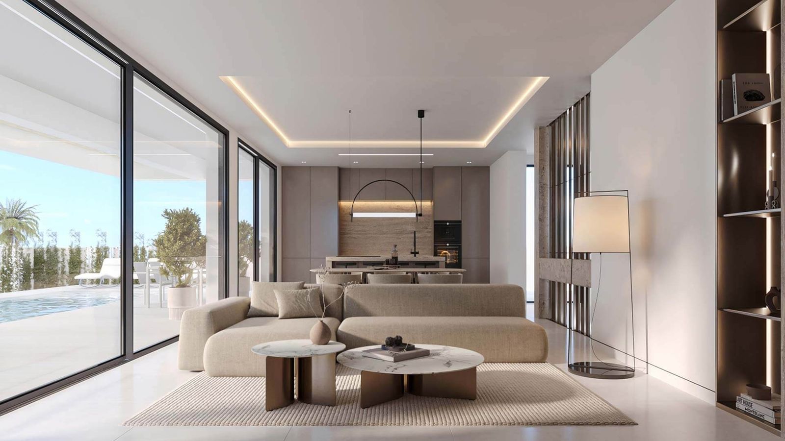 Intérieur de villa moderne avec vue sur piscine et design épuré.