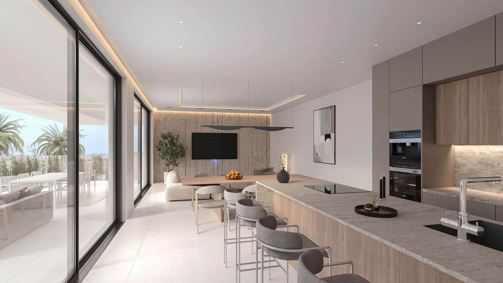 Modern interieur van Lantana Villas met open keuken en toegang tot terras