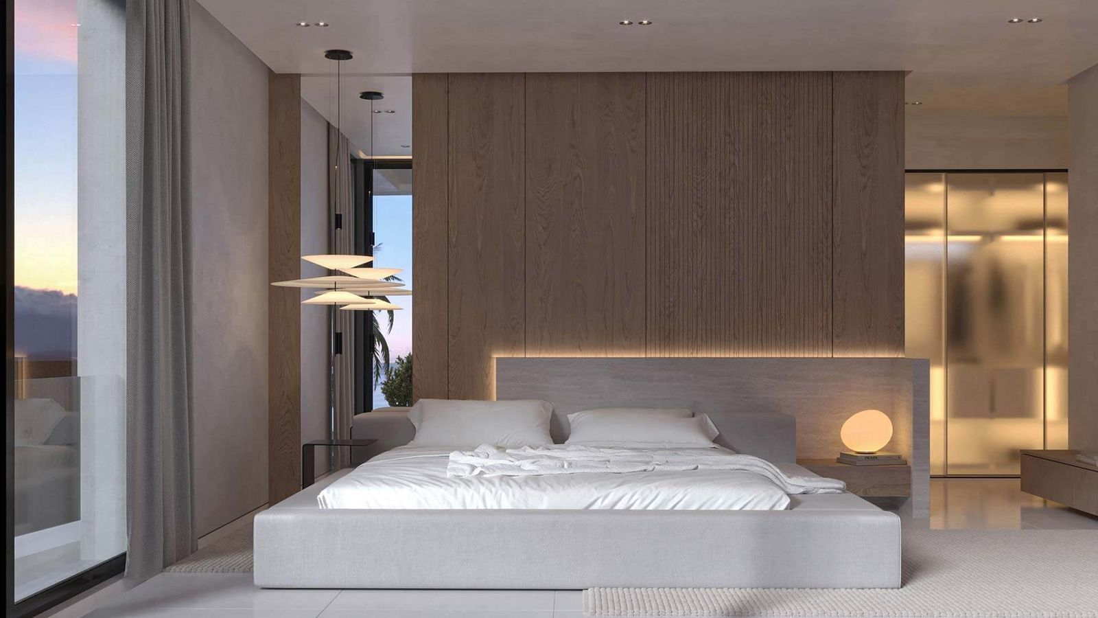 Stijlvolle slaapkamer in Lantana Villas met houten accentmuur en modern design.