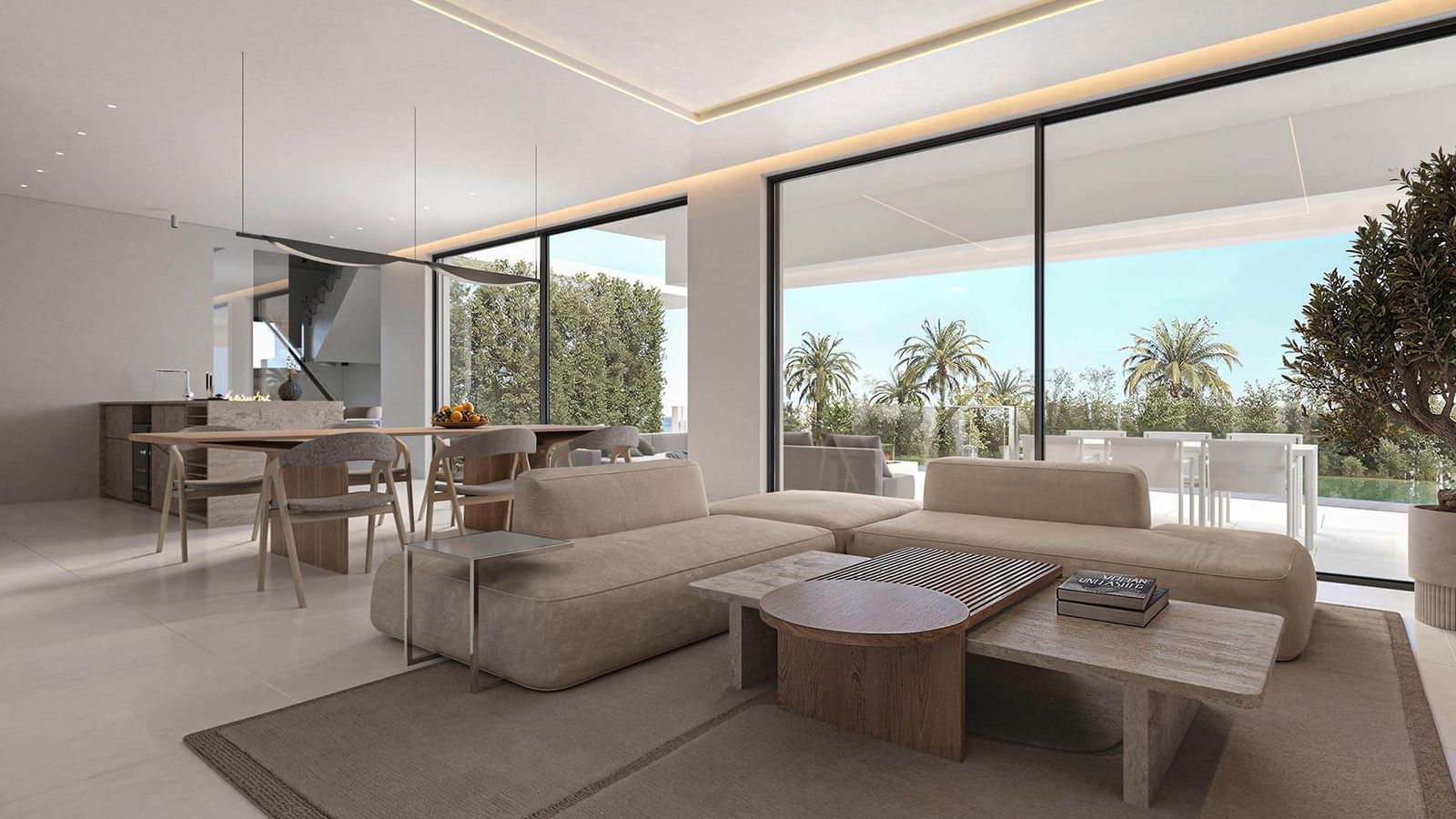 Luxe woonkamer in Lantana Villas met uitzicht op de tuin en het zwembad.